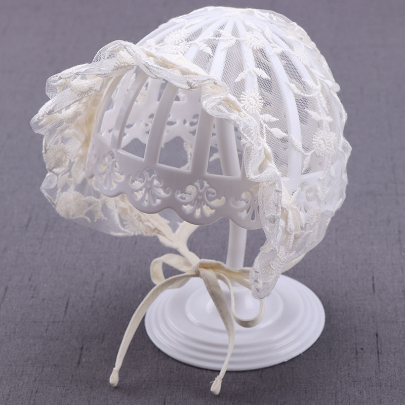 亚马逊热销 蕾丝宝宝帽子 透气网布婴儿公主帽 提花新生儿宫廷帽