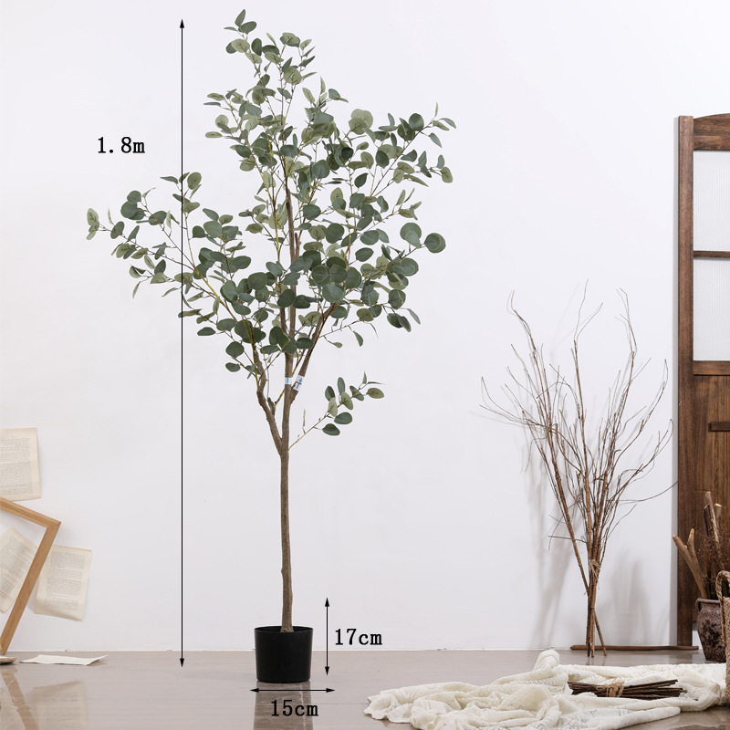 European-Style Large Artificial Plant Pot Eucalyptus Tree Indoor TV Cabinet next to Floor-Standing Decorations Bonsai Money Leaf Tree
