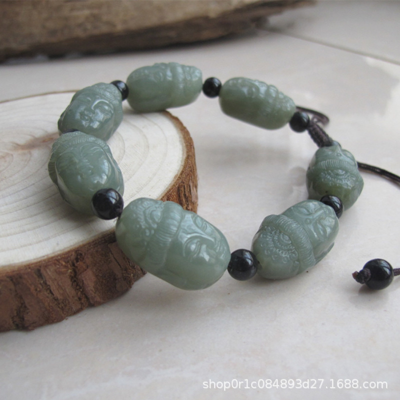 天然新疆和田玉青白玉观音头手链男女款且末料菩萨头像玉石手串佛