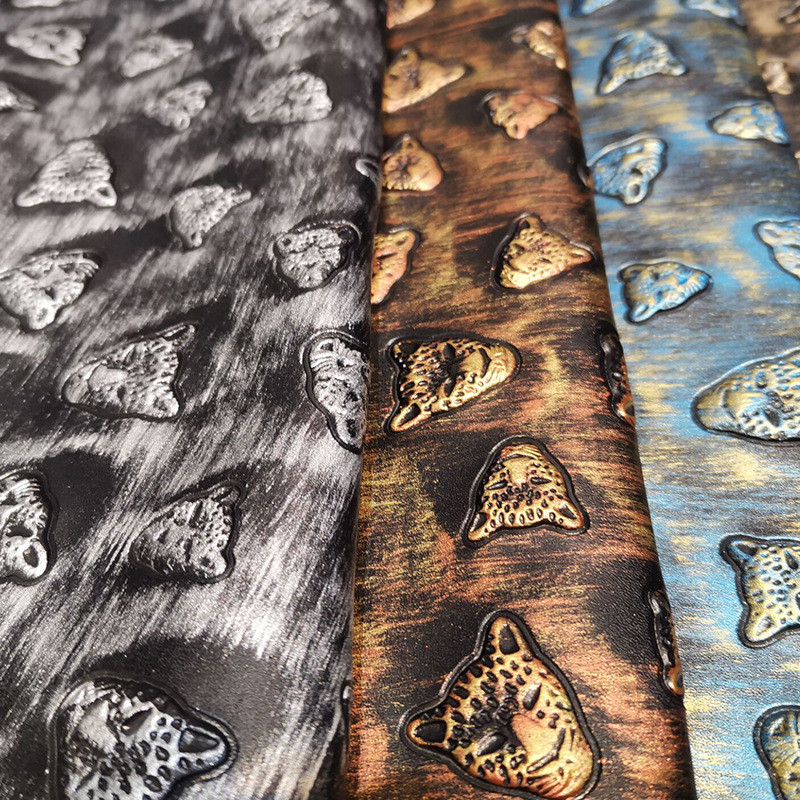 厂家直销 复古豹子头皮革 pu压纹人造皮革 箱包鞋材复古皮革皮料