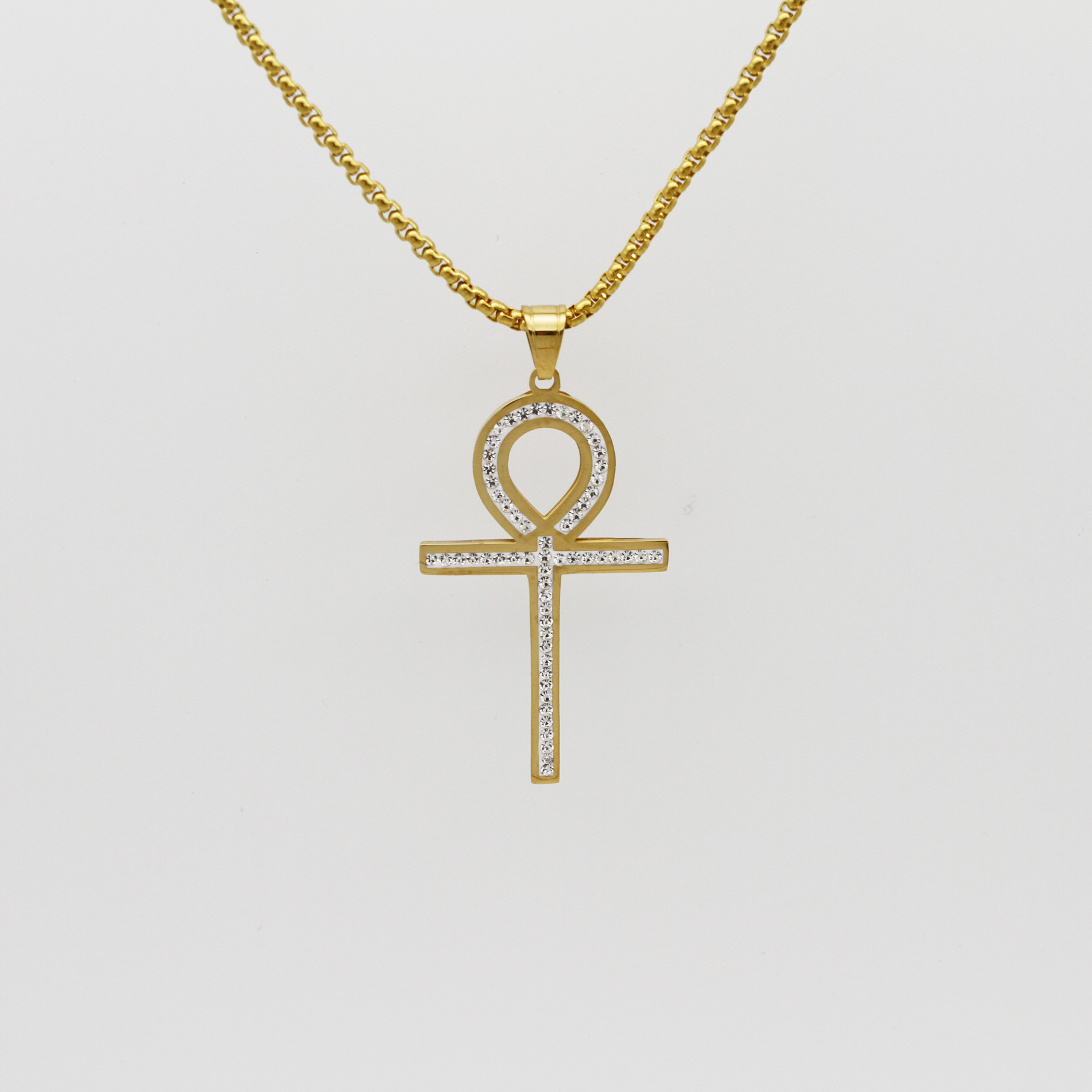 跨境电商欧美简约潮流 古埃及安卡陶泥镶嵌锆石十字架钛钢吊坠