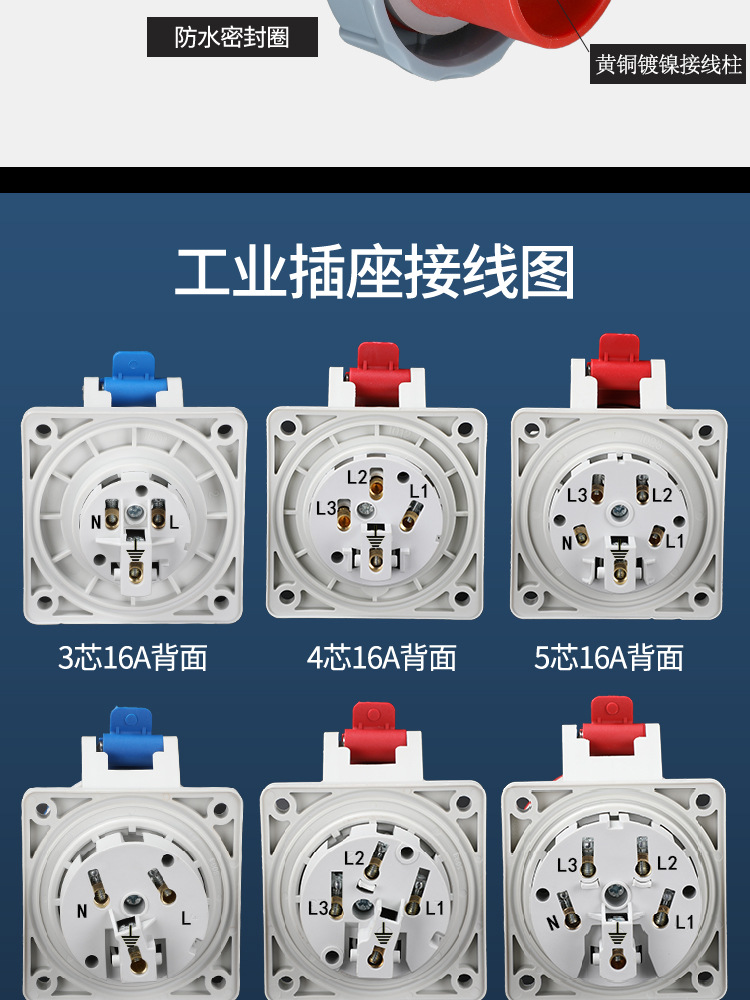 航空插座380v工业插头插座16a3孔防水插座32a5孔220v暗装防水插座