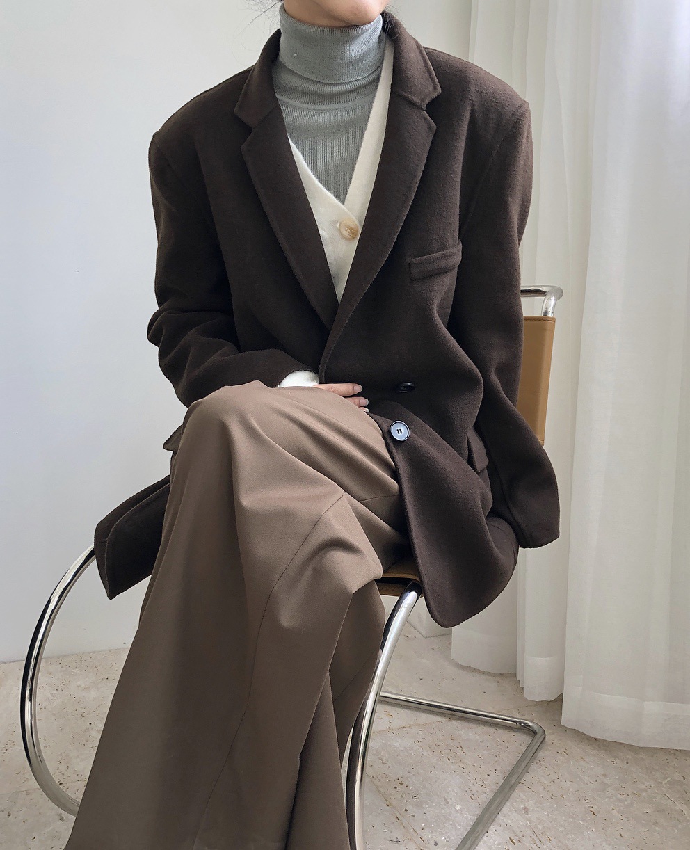 冬季新款复古时髦廓形羊毛双面呢翻领西装宽肩休闲显瘦保暖外套女