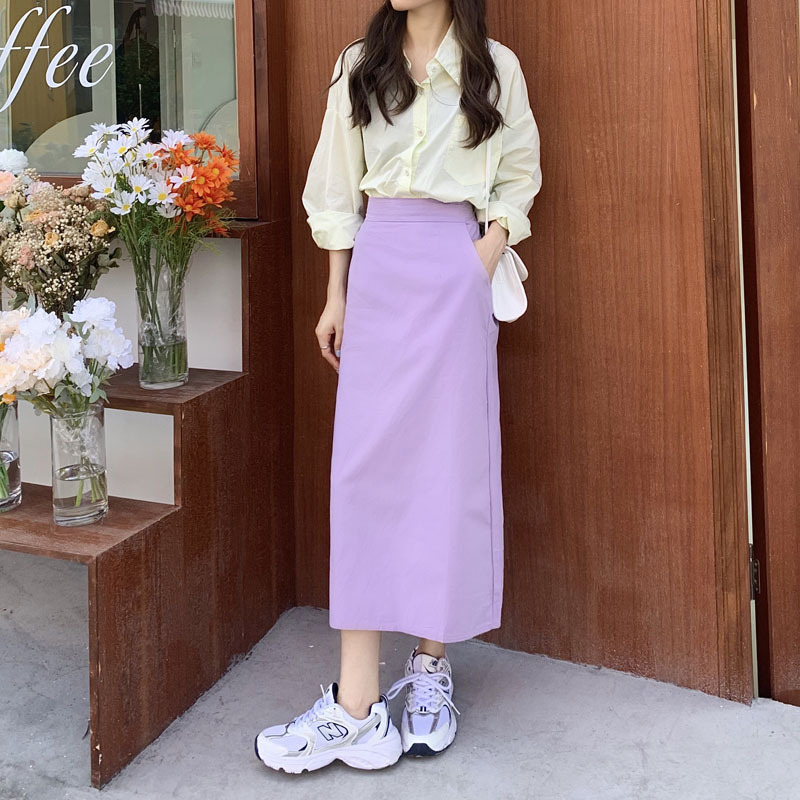 2020花媛韩系早秋新款 自制款紫色高腰显瘦后开叉松紧腰半身裙