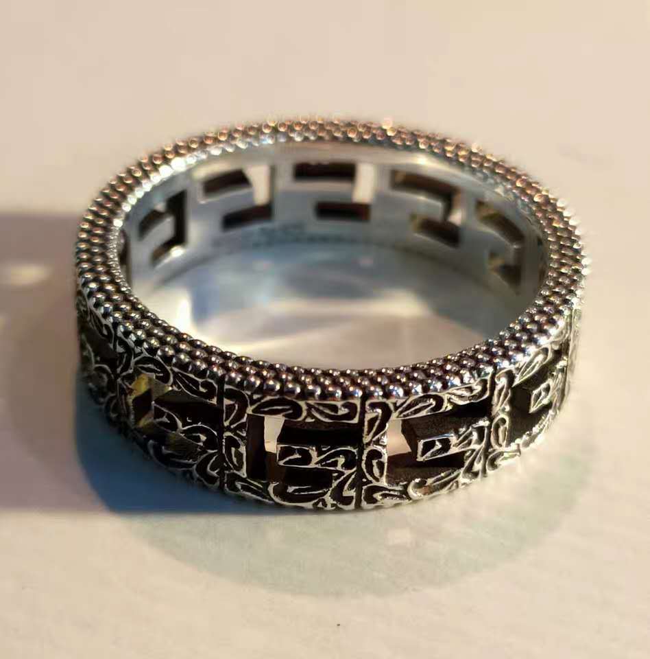 纯银925做旧仿古方形g镂空花纹图案戒指独特设计窄版宽版对戒指环