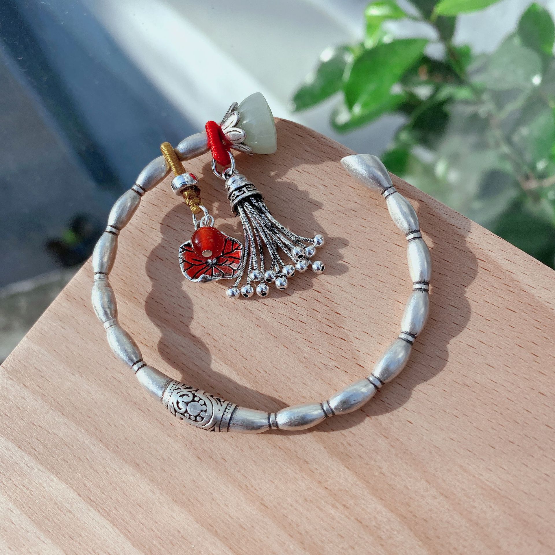 银手镯女民族风纯银实心国风复古流苏个性开口手工古风莲藕银镯子