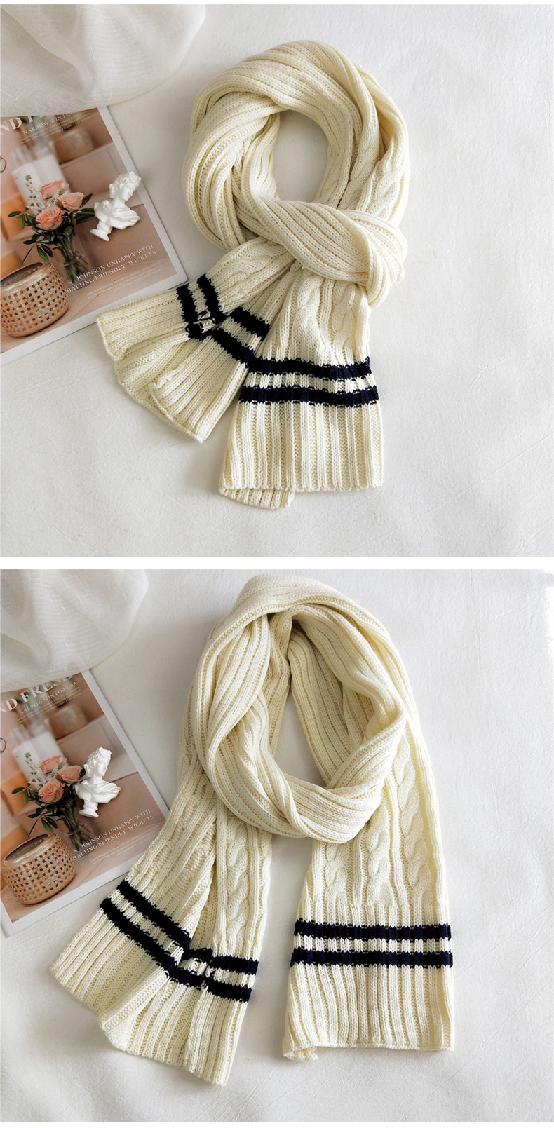 条纹双色毛线针织围巾女冬季韩版百搭ins潮可爱少女学生保暖围脖