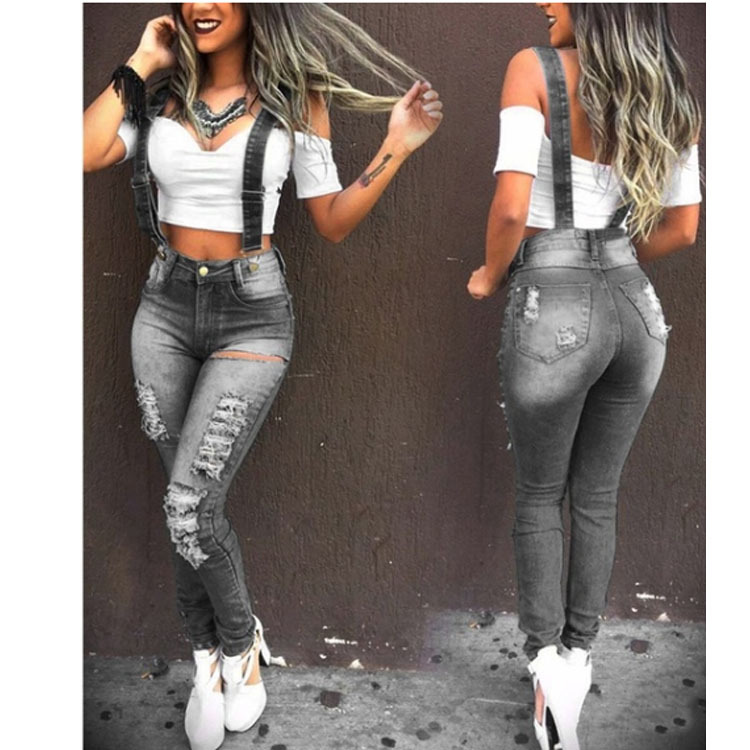 Cross-Border Sales Wish European and American EBay Women's Denim Suspender Pants Ripped Washed Denim Suspender Pants Pants Women's Pants