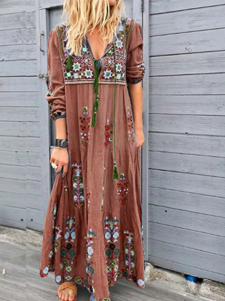 2022 European and American New Women's Clothes Bohemian Positioning Printing Patchwork Long Dress Fashion Drawstring Long Sleeve Dress