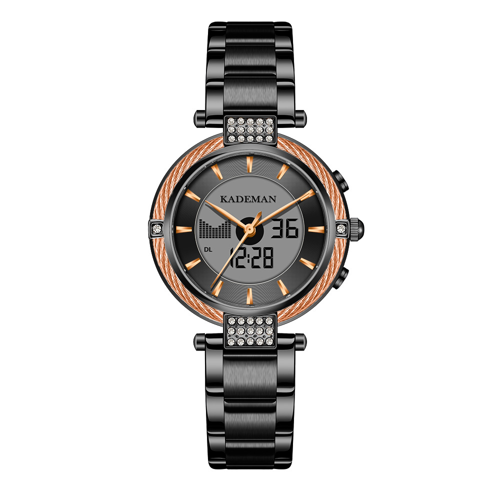 kademan卡德曼气质女表双机芯多功能手表日历防水钢带女腕表k9080