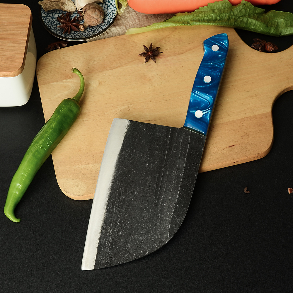 手工锻打屠夫刀 蓝色树脂柄石洗面4铬不锈钢中式菜刀斩切两用刀