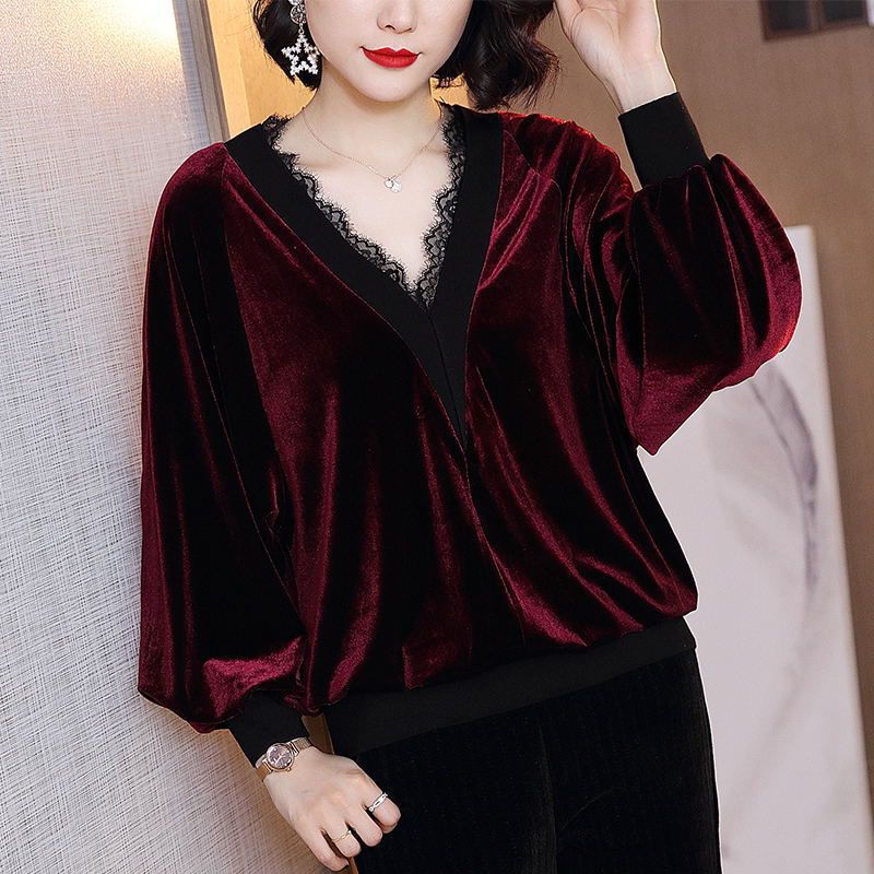 金丝绒上衣女长袖2020秋装新款宽松遮肚v领蕾丝洋气打底小衫外贸