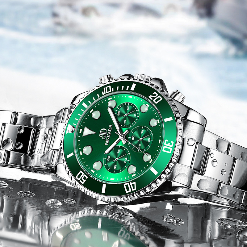 正品宾卡达绿水鬼手表男士时尚自动非机械表防水钢带夜光石英男表