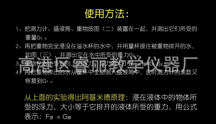 阿基米德原理实验器溢水杯浮体重物带挂环120g不漏水物理浮力器材