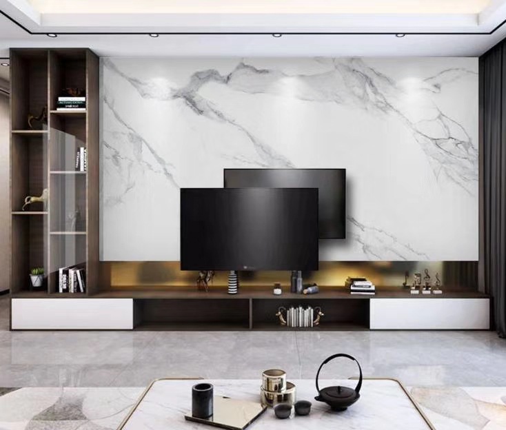 2020新款大理石悬空背景墙现代简约爵士白艺术电视墙