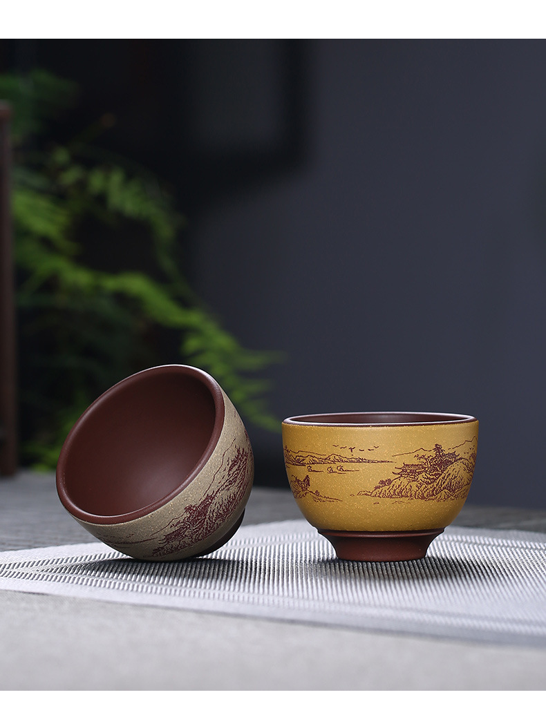 宜兴紫砂杯全手工正品主人杯原矿紫泥秋暝山居杯粉浆高档品茗杯子