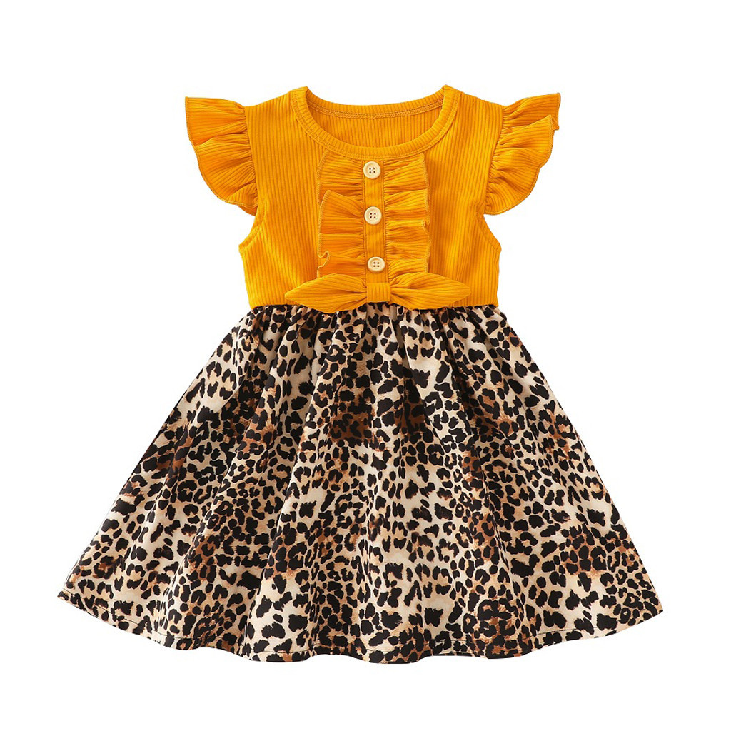 速卖通0-5t夏季坑条小飞袖豹纹拼接女童连衣裙girl dress儿童裙子