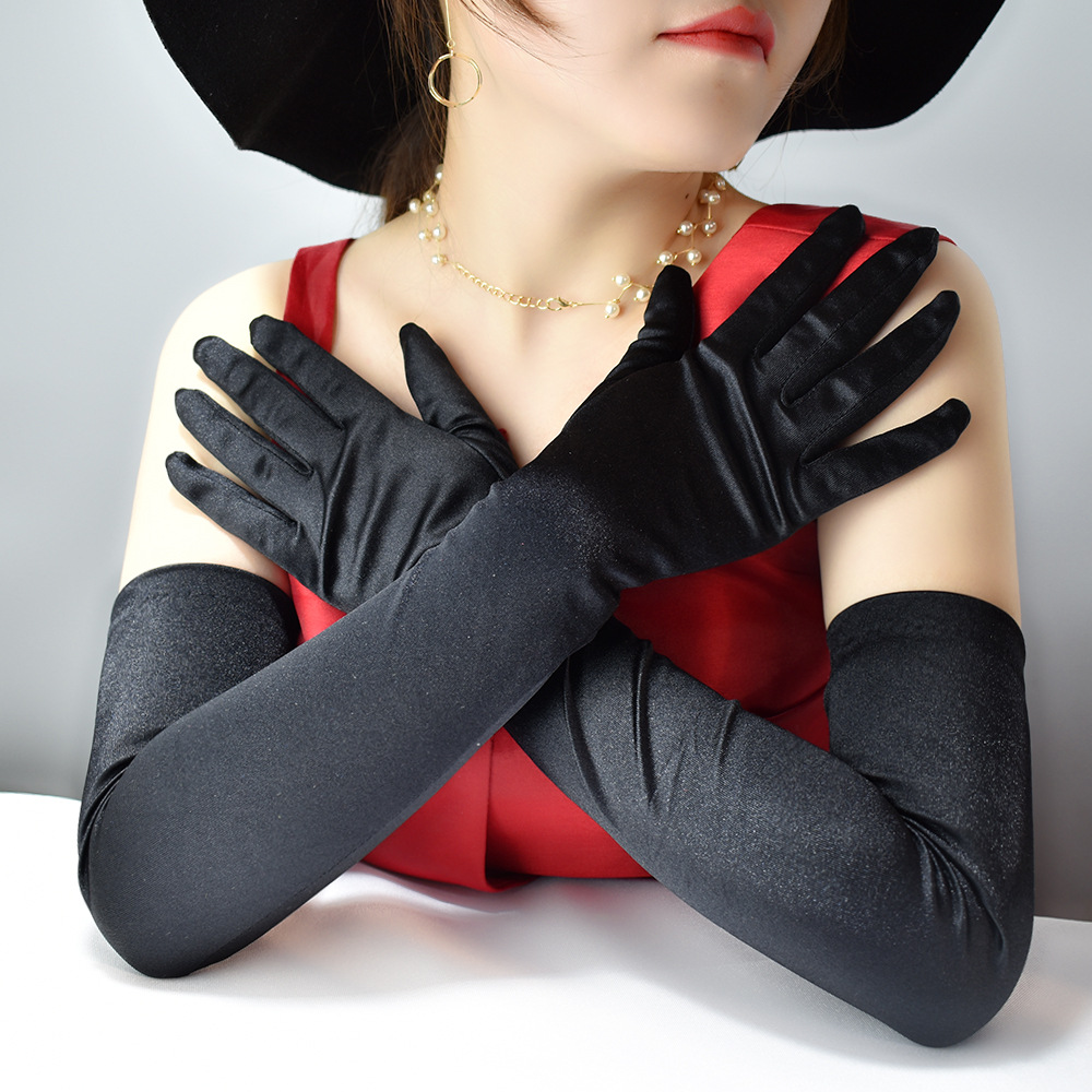 女士缎面色丁光板手套婚礼舞会舞蹈表演手套cosplay复古赫手套