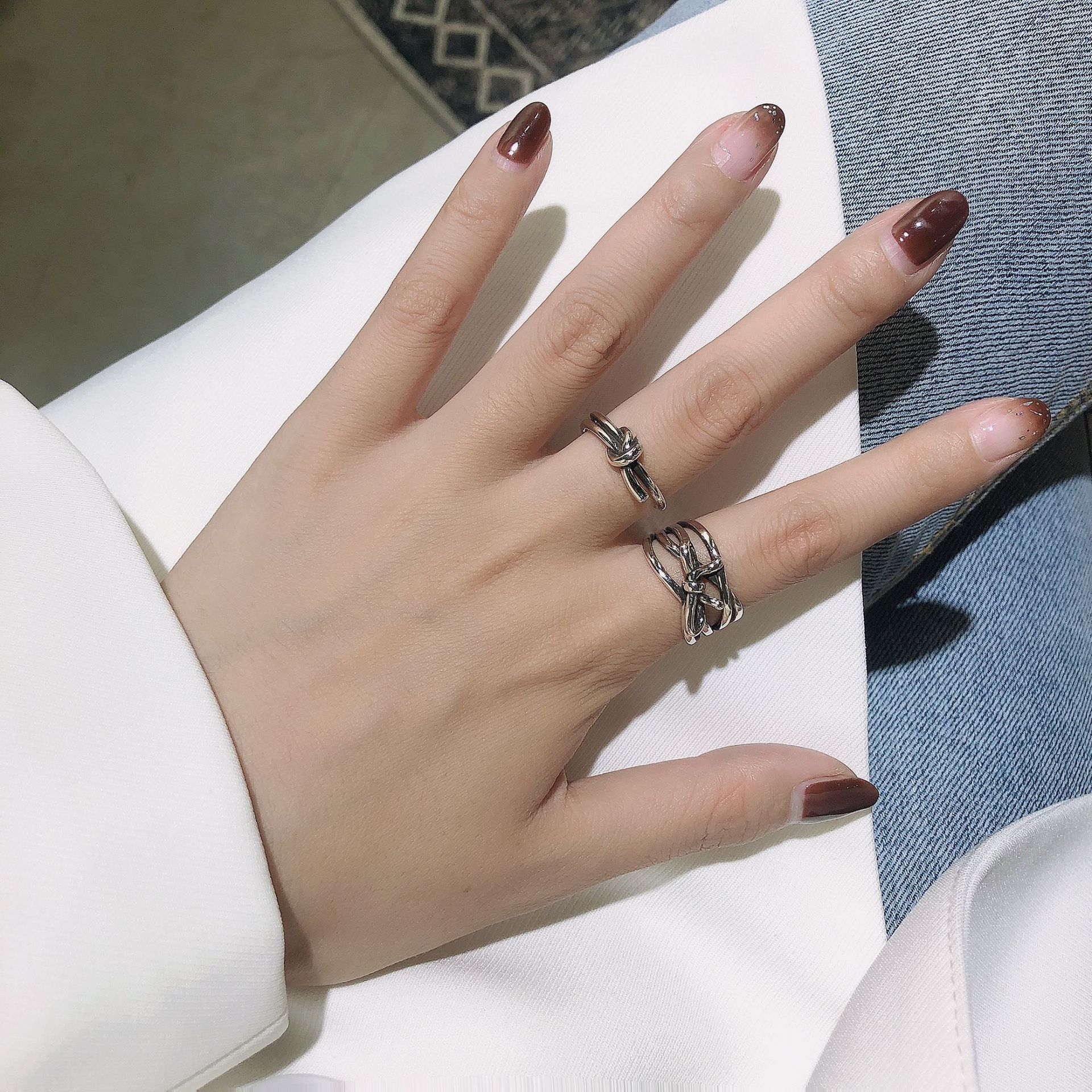 韩版s925纯银女戒指ins冷淡风复古蝴蝶结绳结简约时尚开口戒指