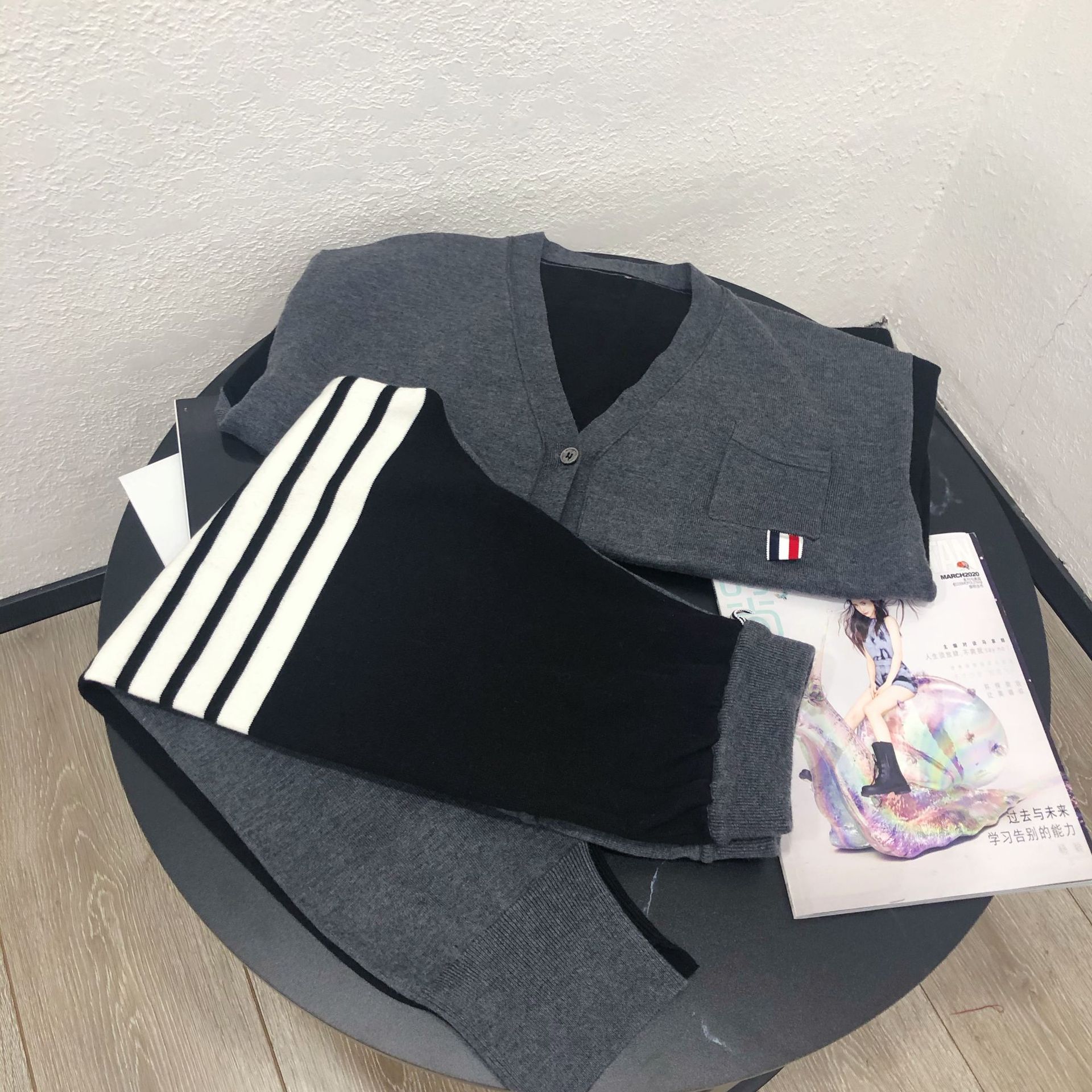 欧洲站20tb秋季新款拼色口袋设计外套 四道杠ab色束脚卫裤套装女