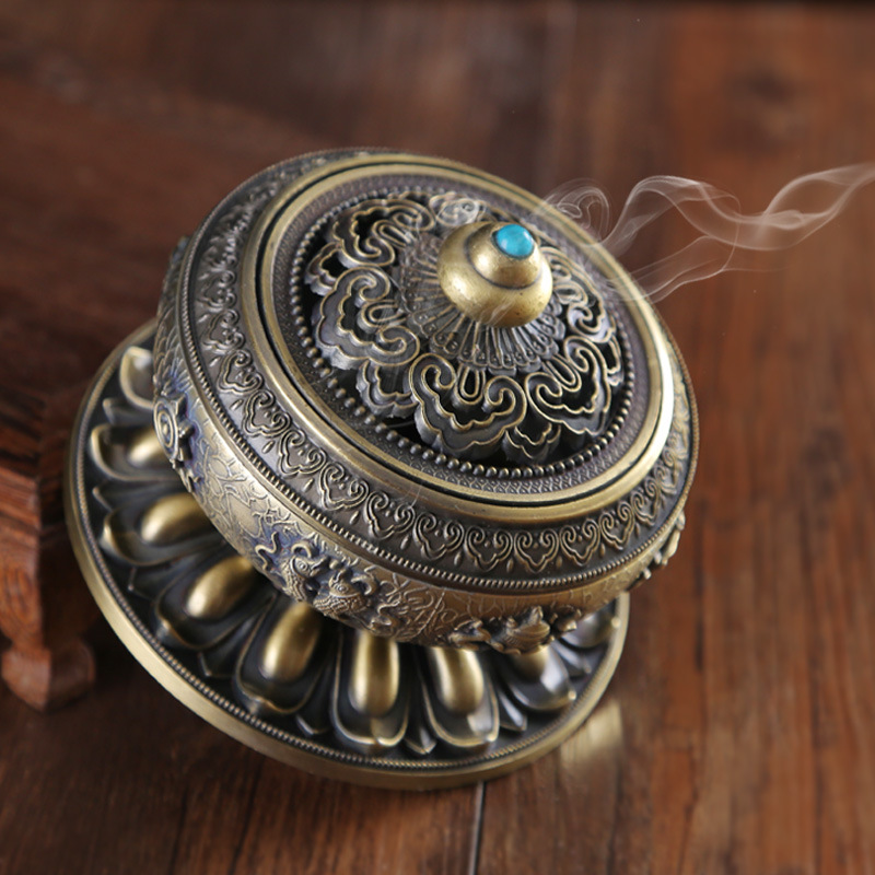 尼泊尔合金盘香炉熏香炉八吉祥香薰炉居室佛具茶道供佛炉汽车摆件