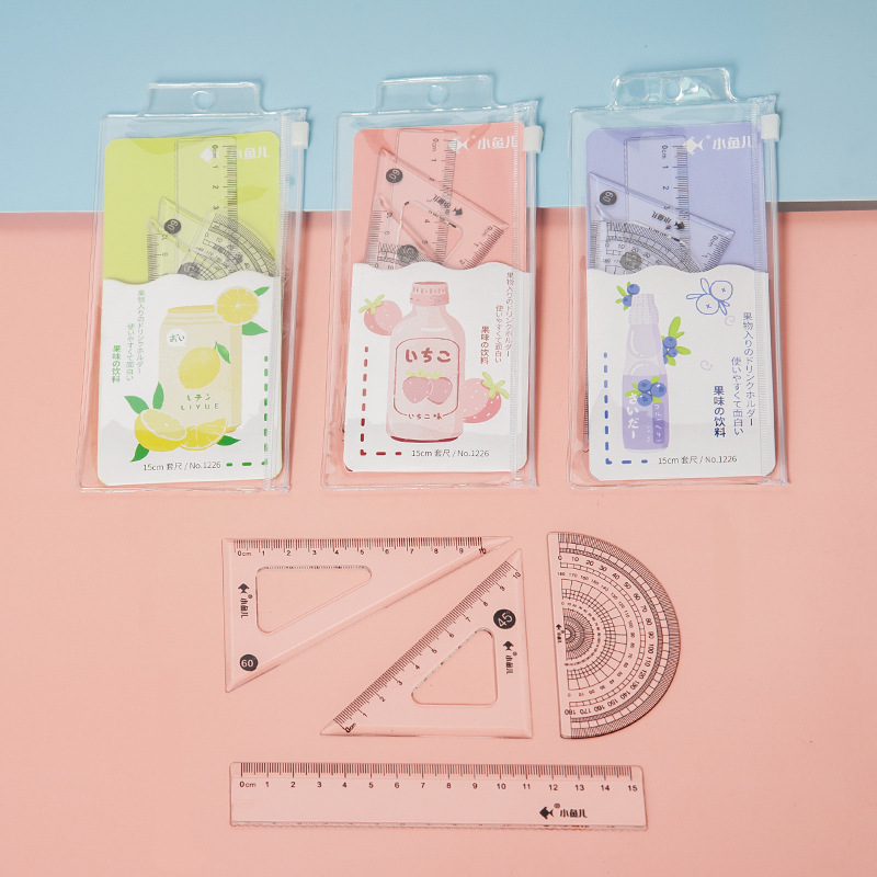 Xiaoyuer in Stock Ruler Sets Four-Piece Fruit Drinks Ruler Sets Students' Supplies Stationery Suit Ruler Ruler Hot Sale