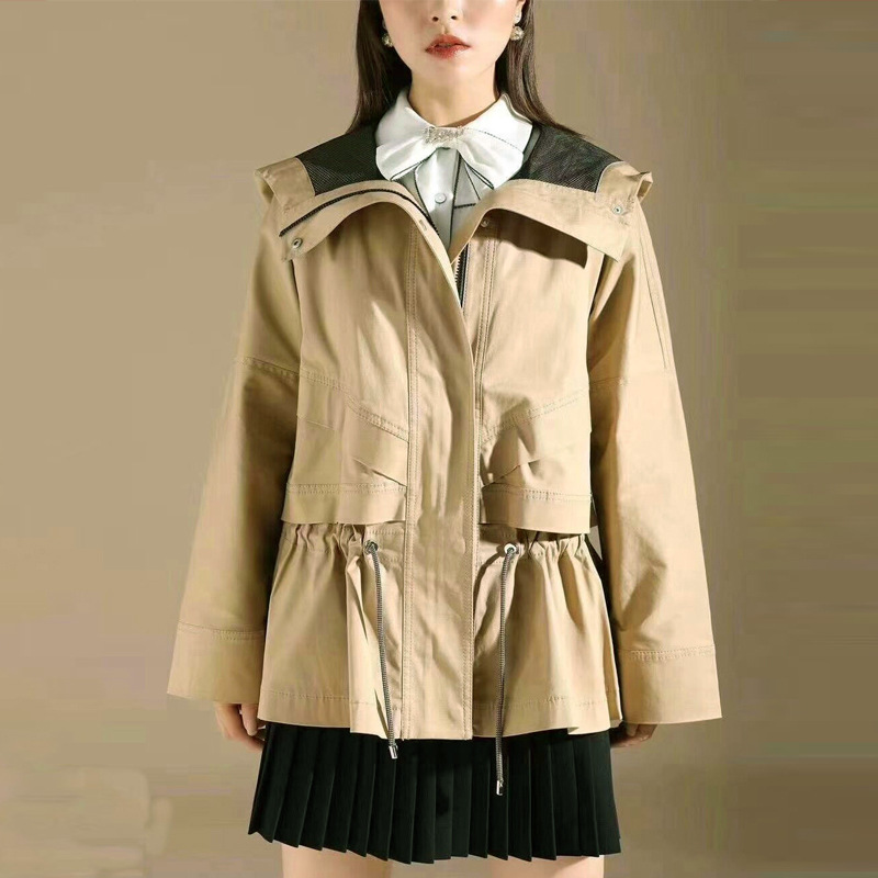 2021年哥弟新特官方旗舰店女装新款百搭宽松连帽休闲抽绳风衣外套