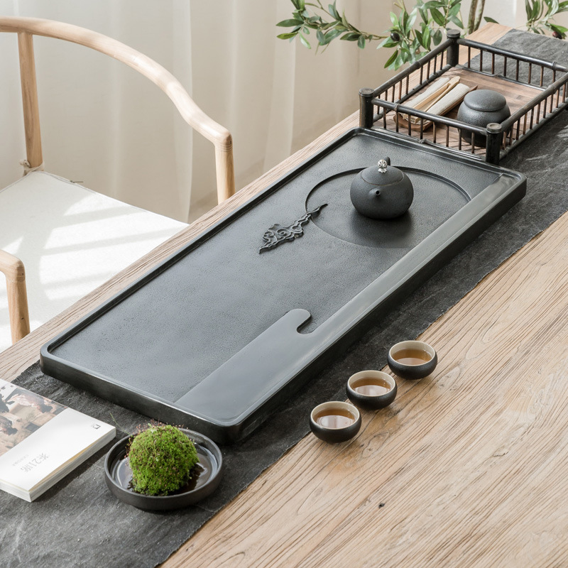 惠安石茶盘雕刻石头茶台办公室长方形简约茶海天然乌金石茶盘家用