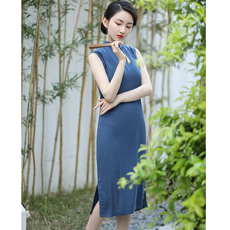 芳茉语无袖夏改良纯色女绵绸宽松休闲旗袍连衣裙年轻文艺短旗袍