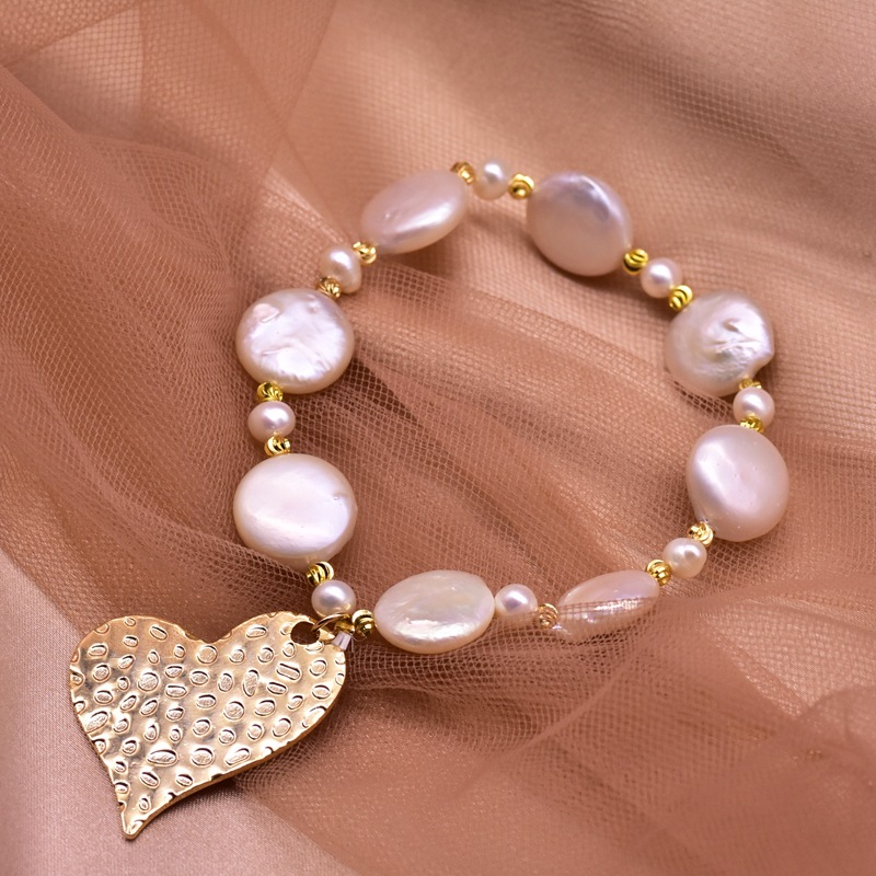 xlentag 天然巴洛克纽扣珍珠手链女 欧美气质 爱心复古原创首饰