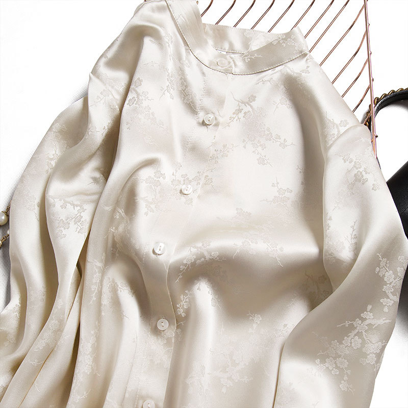 高阶奶油色衬衫女设计感长袖丝绸缎面提花真丝上衣丝质衬衣