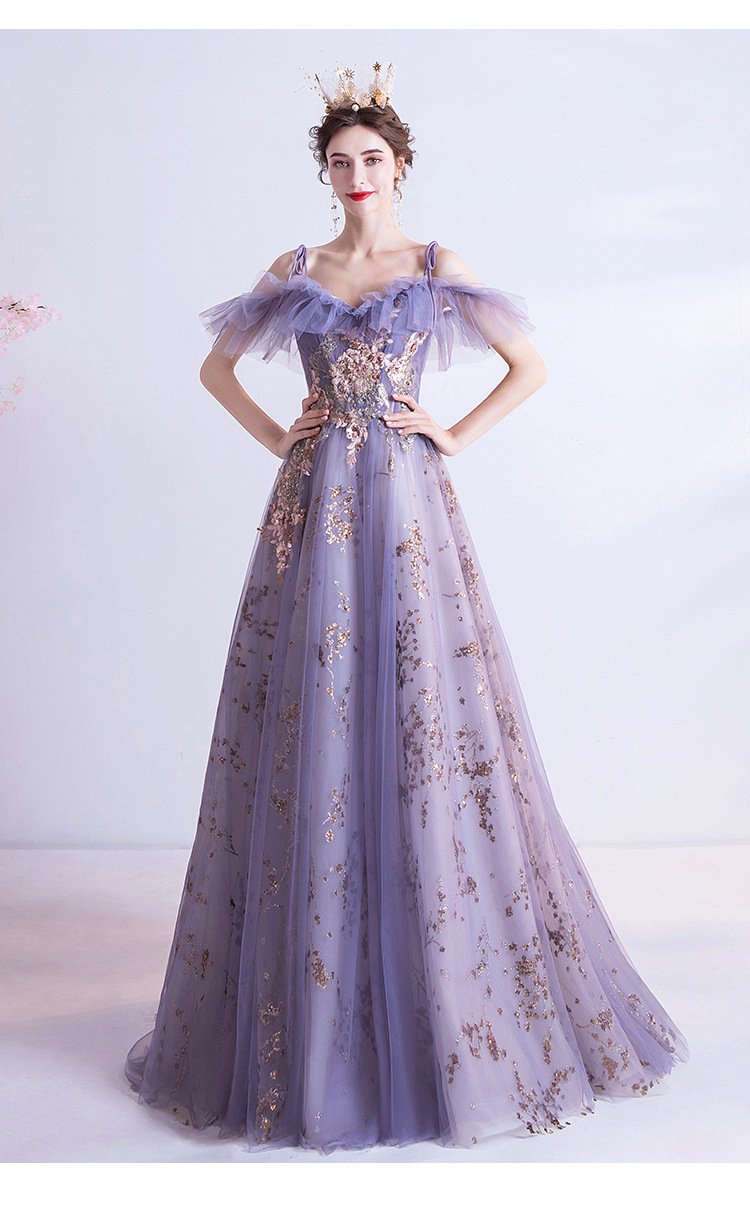 2020秋冬新款仙气紫色生日派对宴会年会演出主持人婚纱晚礼服