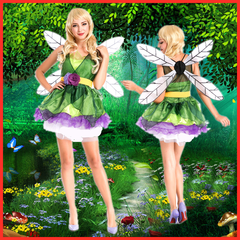 万圣节派对演出服森林绿色小精灵天使装圣诞节仙女舞台服装批发