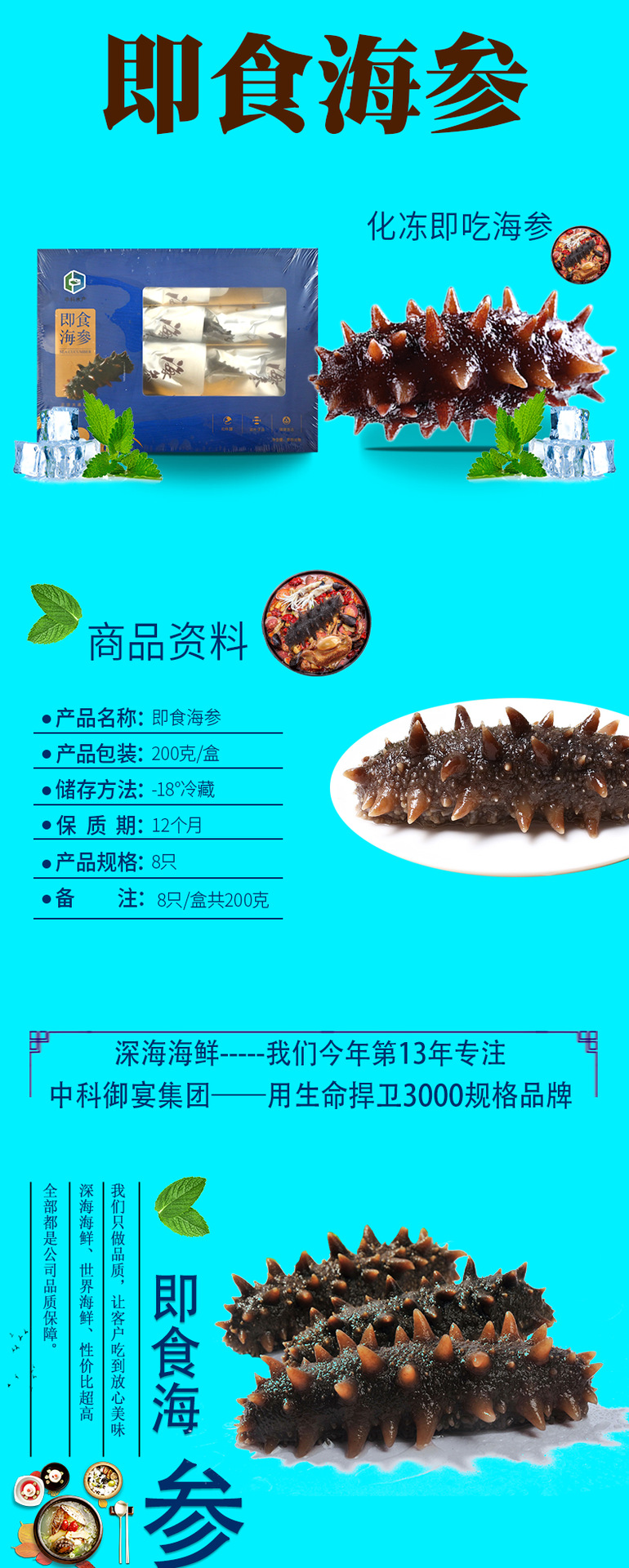 即食海参冷冻水产参灵岛海参大连海鲜刺参中科水产工厂家批发