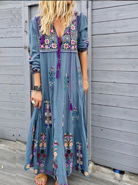 2022 European and American New Women's Clothes Bohemian Positioning Printing Patchwork Long Dress Fashion Drawstring Long Sleeve Dress