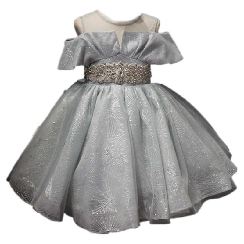 儿童礼服灰色短款亮钻演出服公主蓬蓬裙演出服女童主持走秀摄影