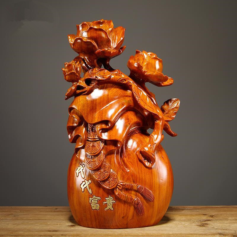 花梨木雕牡丹花开代代富贵摆件红木工艺家居客厅装饰摆设乔迁礼品