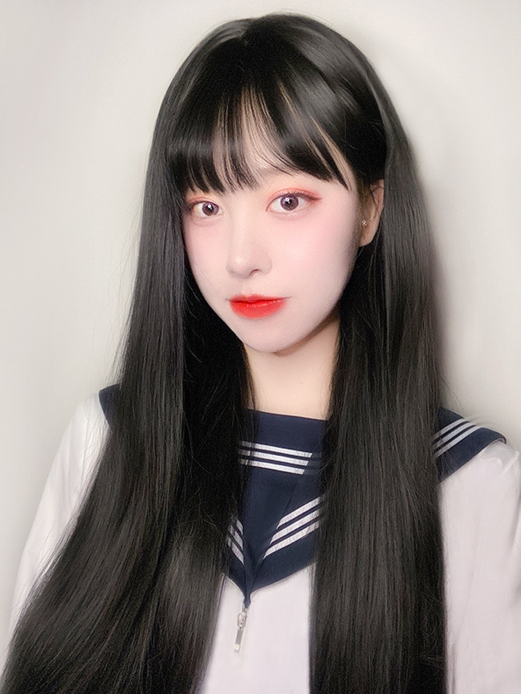 假发女长发自然全头套网红黑长直发空气刘海中长发新式发套新款