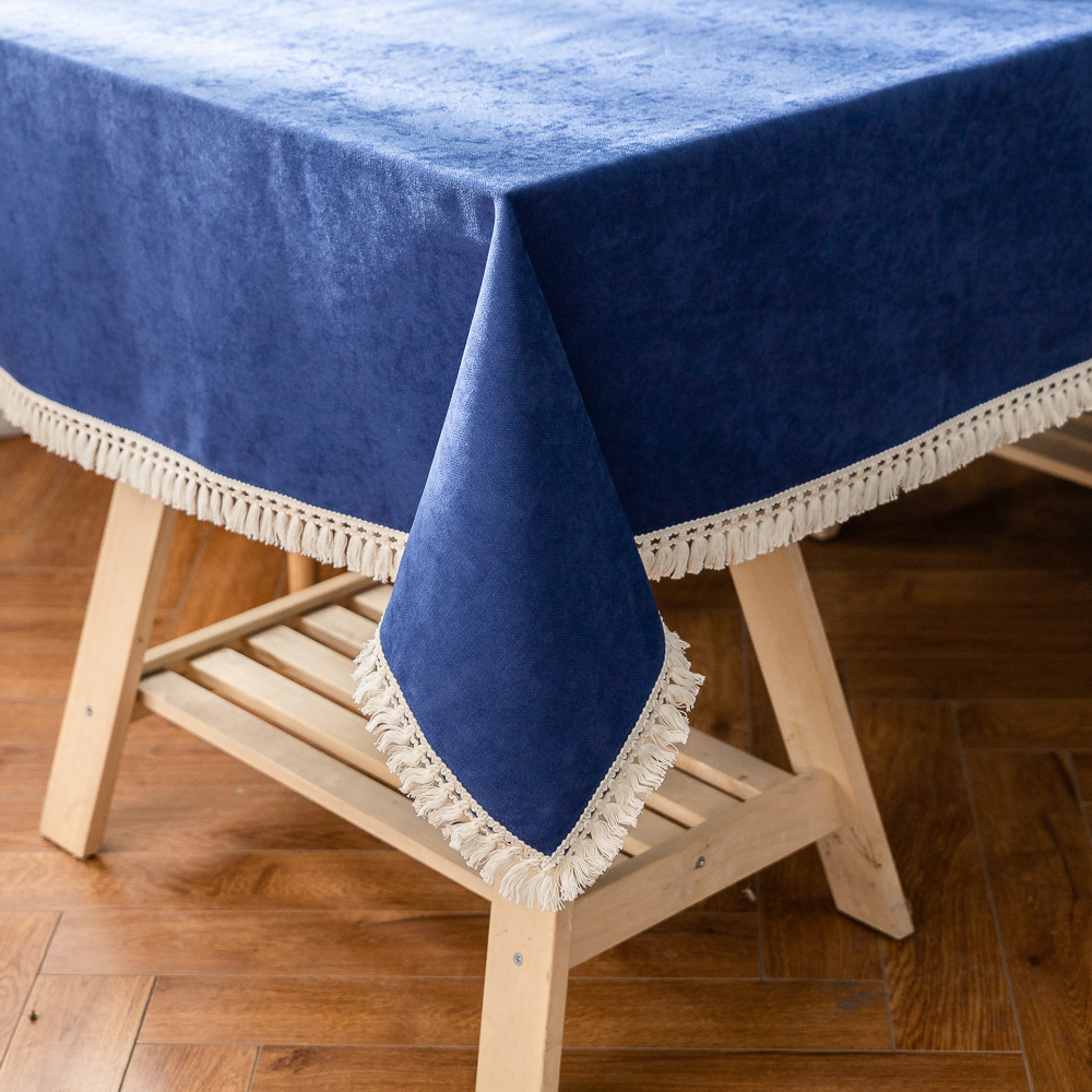ins法式流苏深蓝色棉麻纯色花边特厚垫台布跨境韩国郊游野餐桌布