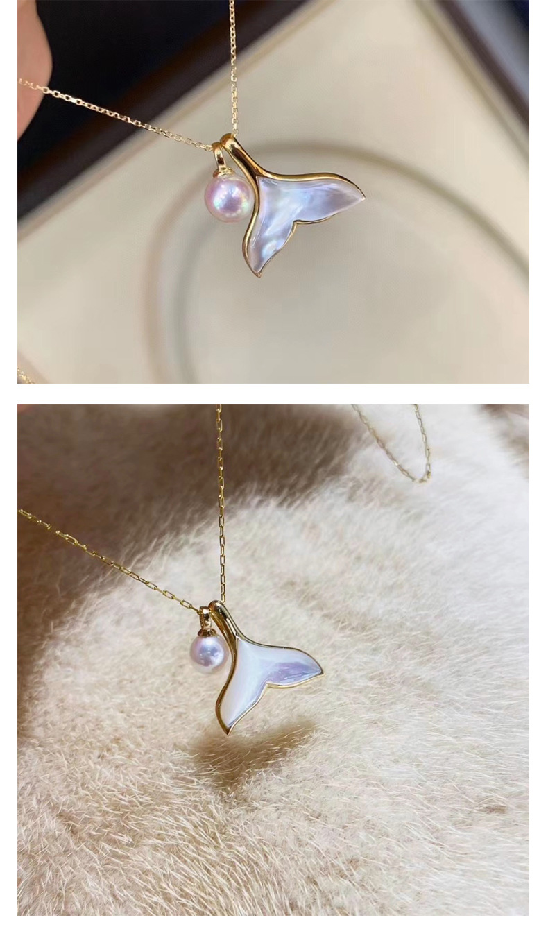 小清新日系18k金鱼尾项链贝母人鱼尾巴akoya珍珠吊坠项链女饰品女