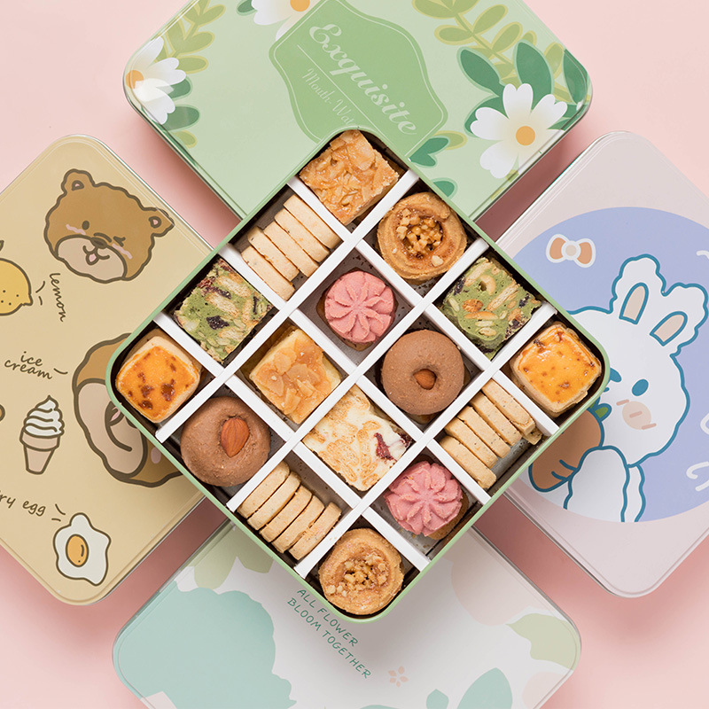 卡通马口铁盒子曲奇饼干盒糖果罐礼盒雪花酥烘培包装伴手礼9/16格