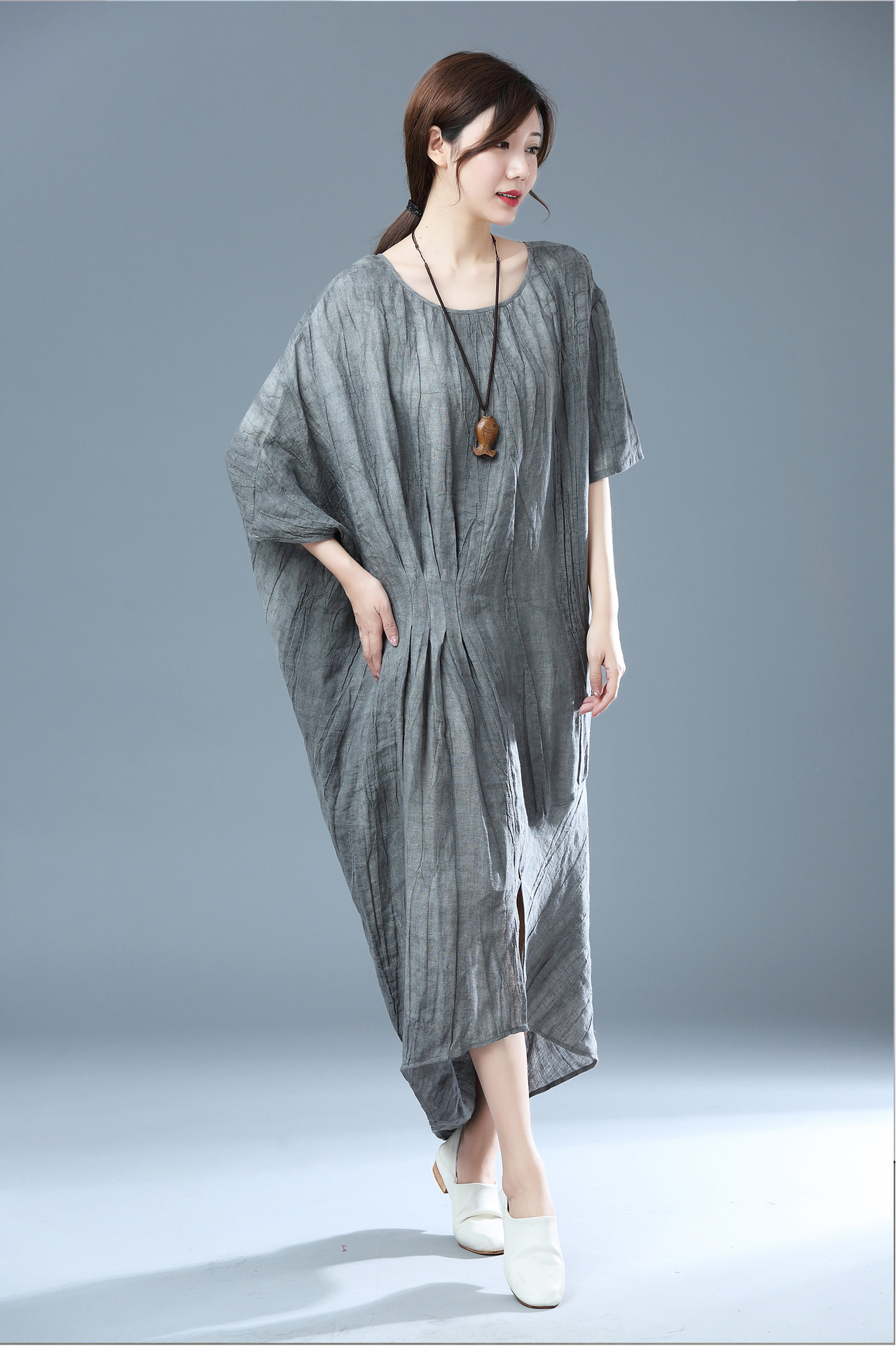 布哩2020夏季新款宽松亚麻连衣裙不规则大码显瘦长款气质连衣裙女