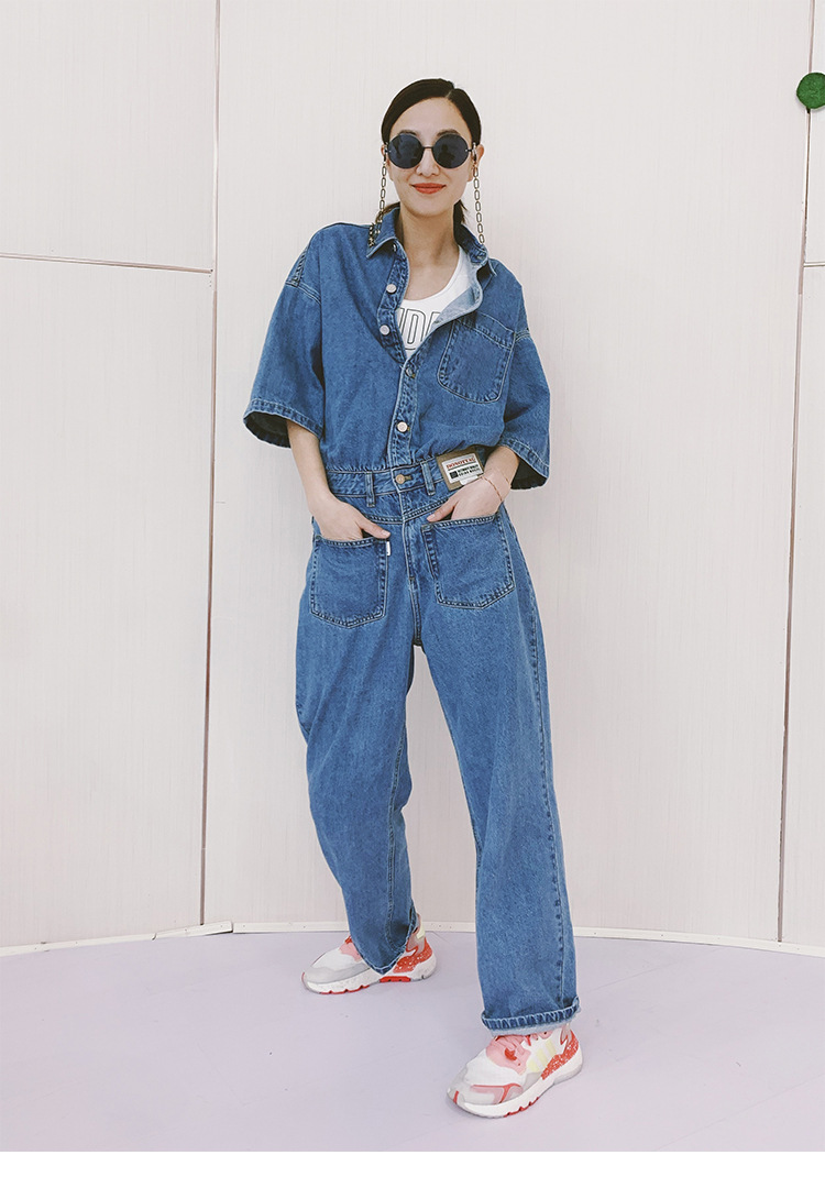 郑希怡同款牛仔工装连体裤女夏法式时尚减龄直筒裤显瘦连衣裤套装
