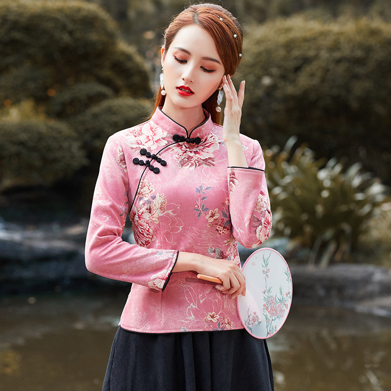 唐装女上衣秋冬新款中式修身中国风鹿皮绒复古汉服长袖唐装上衣