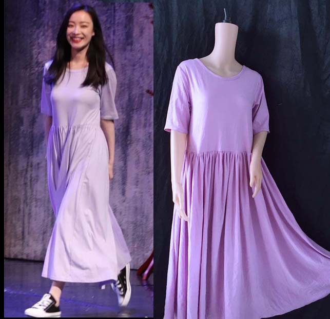 明星倪妮同款浅紫色圆领短袖连衣裙女休闲宽松过膝大摆长裙子