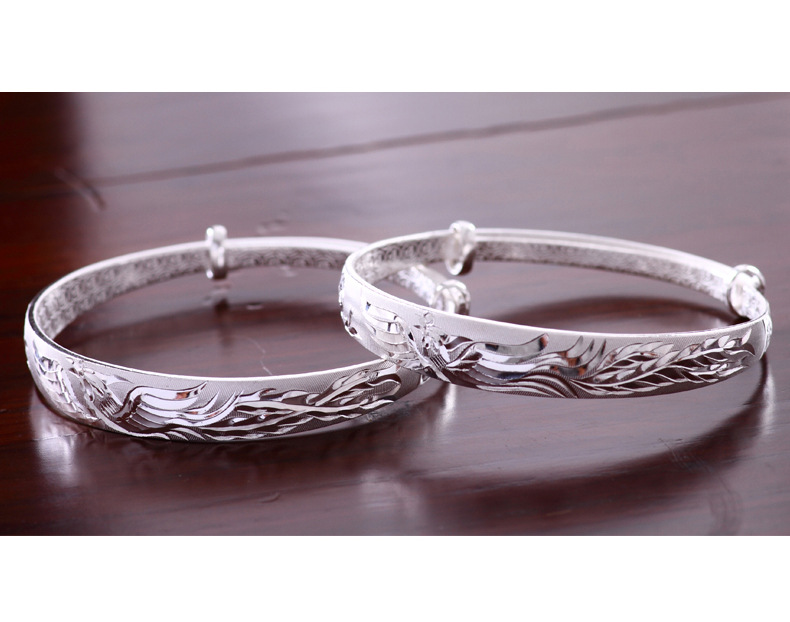 民族风999足银银手镯女时尚凤凰图银推拉手环 母亲节送妈妈礼物
