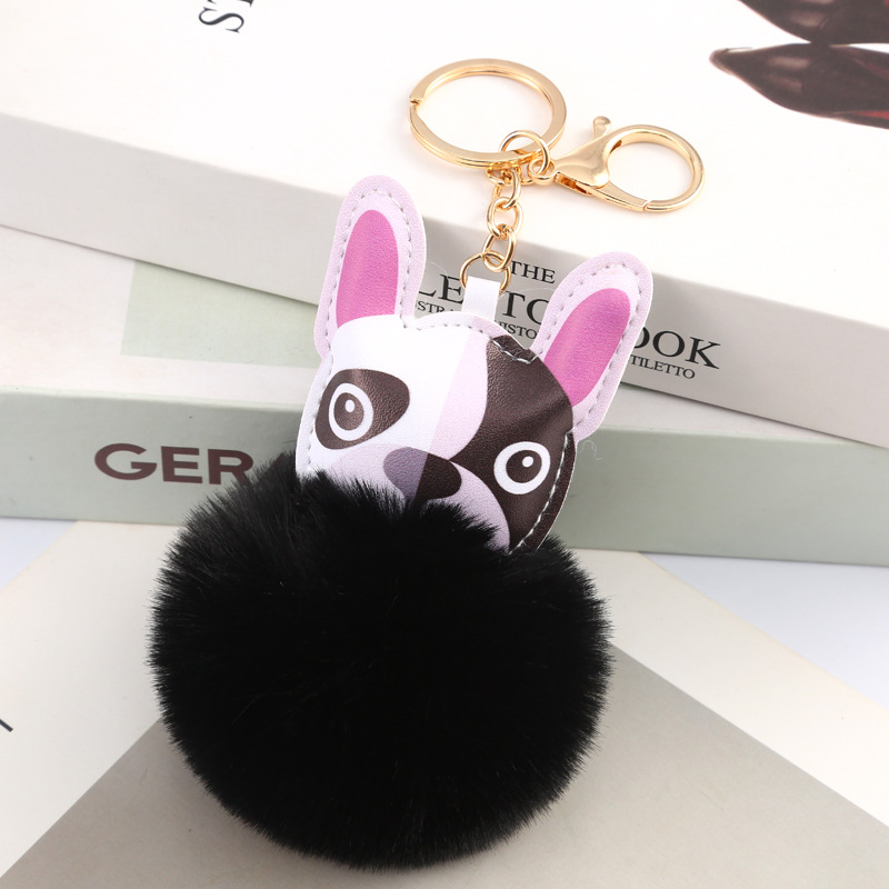 New Cute Puppy Fur Ball Keychain Bag Ornaments PU Leather Bulldog Keychain Pendant Factory Outlet