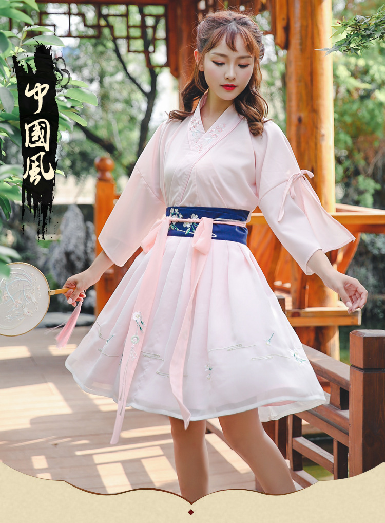 特色蝴蝶结喇叭袖原创汉服女刺绣短裙套装日常中国风汉元素连衣裙