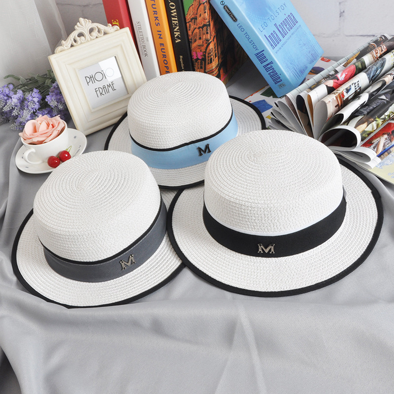 英伦白色女士包边平顶草帽m标小礼帽遮阳帽平顶帽子夏季平沿逛街