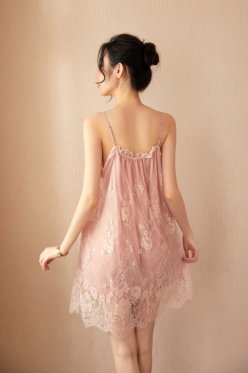 跨境唯美感吊带蕾丝睡裙女秋大码蕾丝睡裙情调家居睡衣套装